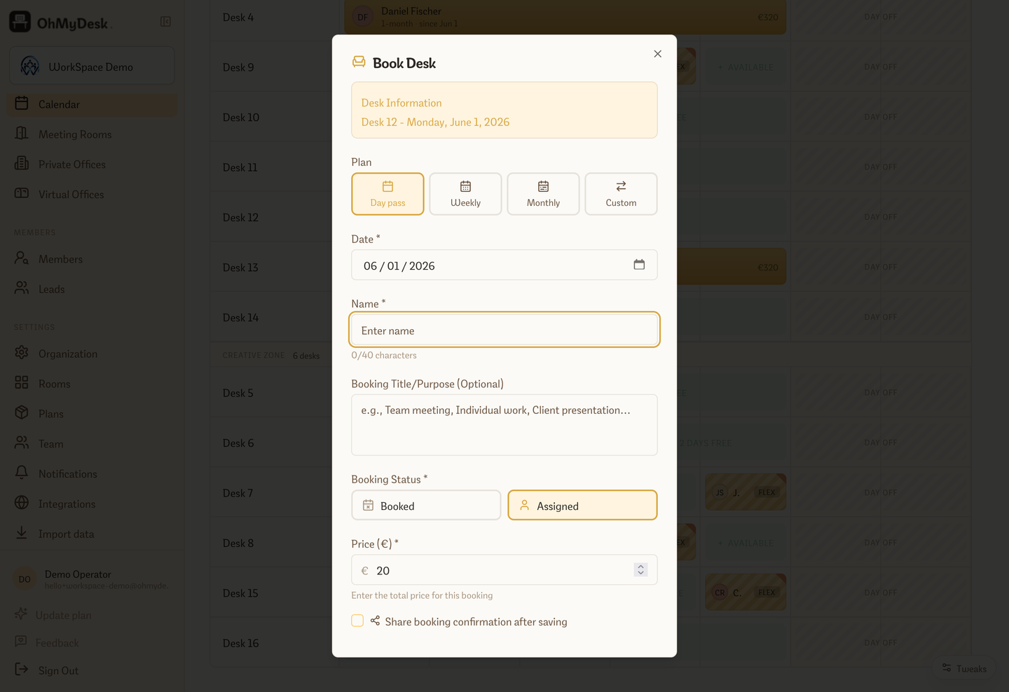 Desk booking modal showing date range, member, and pricing fields