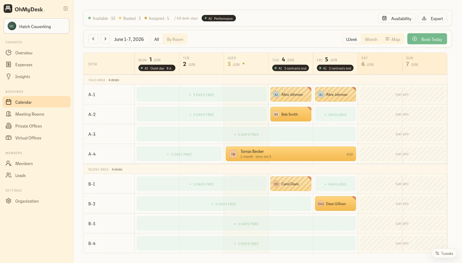 Calendar view with desk rows and date columns showing booking statuses