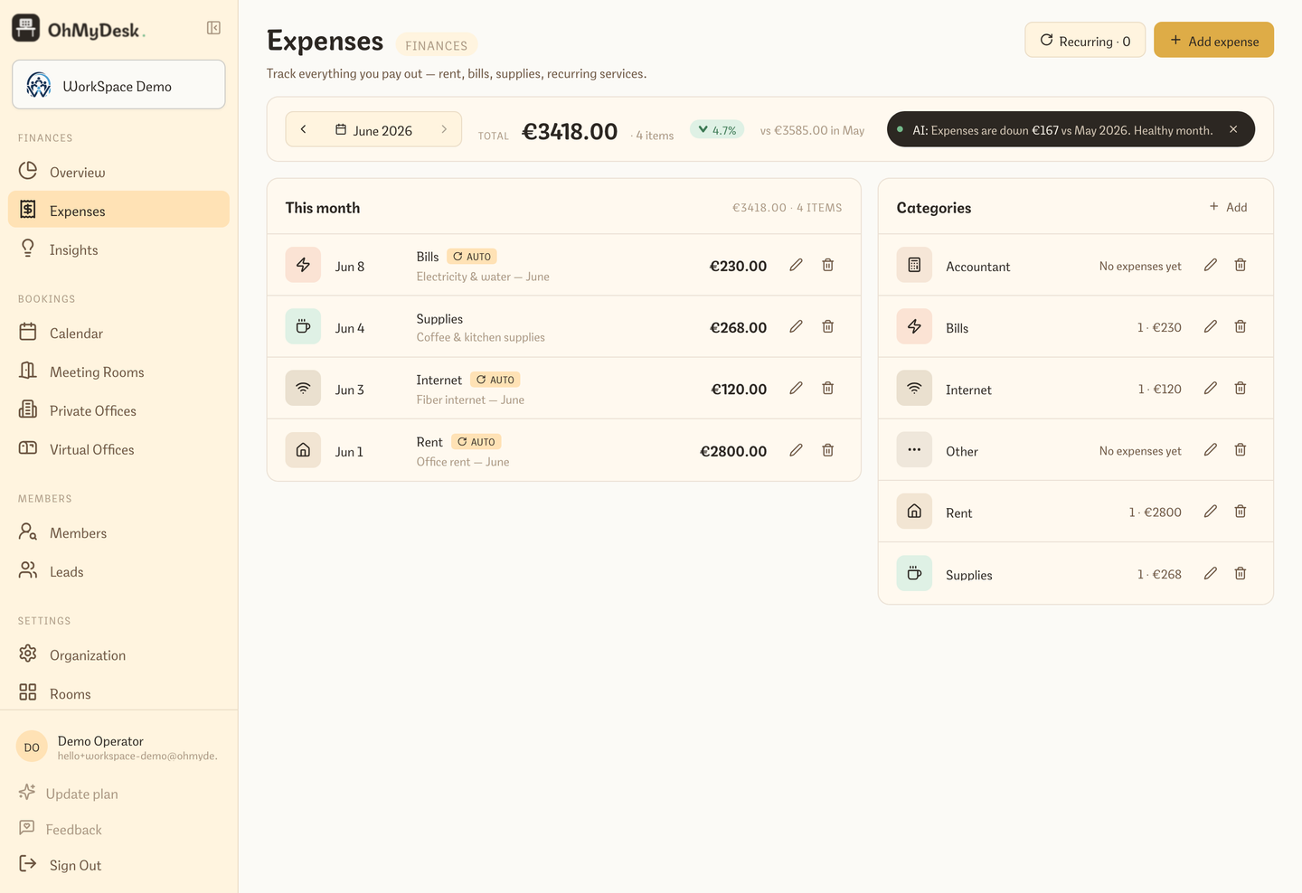 Expense tracking page with custom categories and recurring expenses