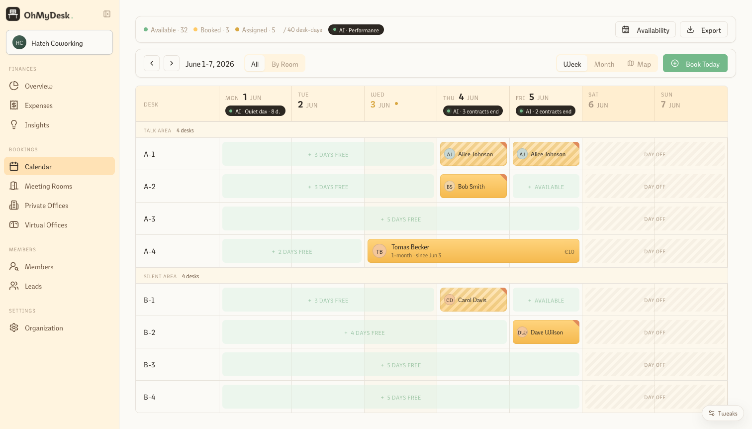 OhMyDesk calendar showing weekly desk availability across multiple rooms