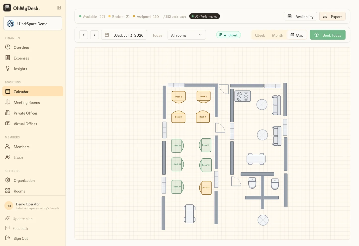 Floor plan calendar view with desks color-coded by booking status