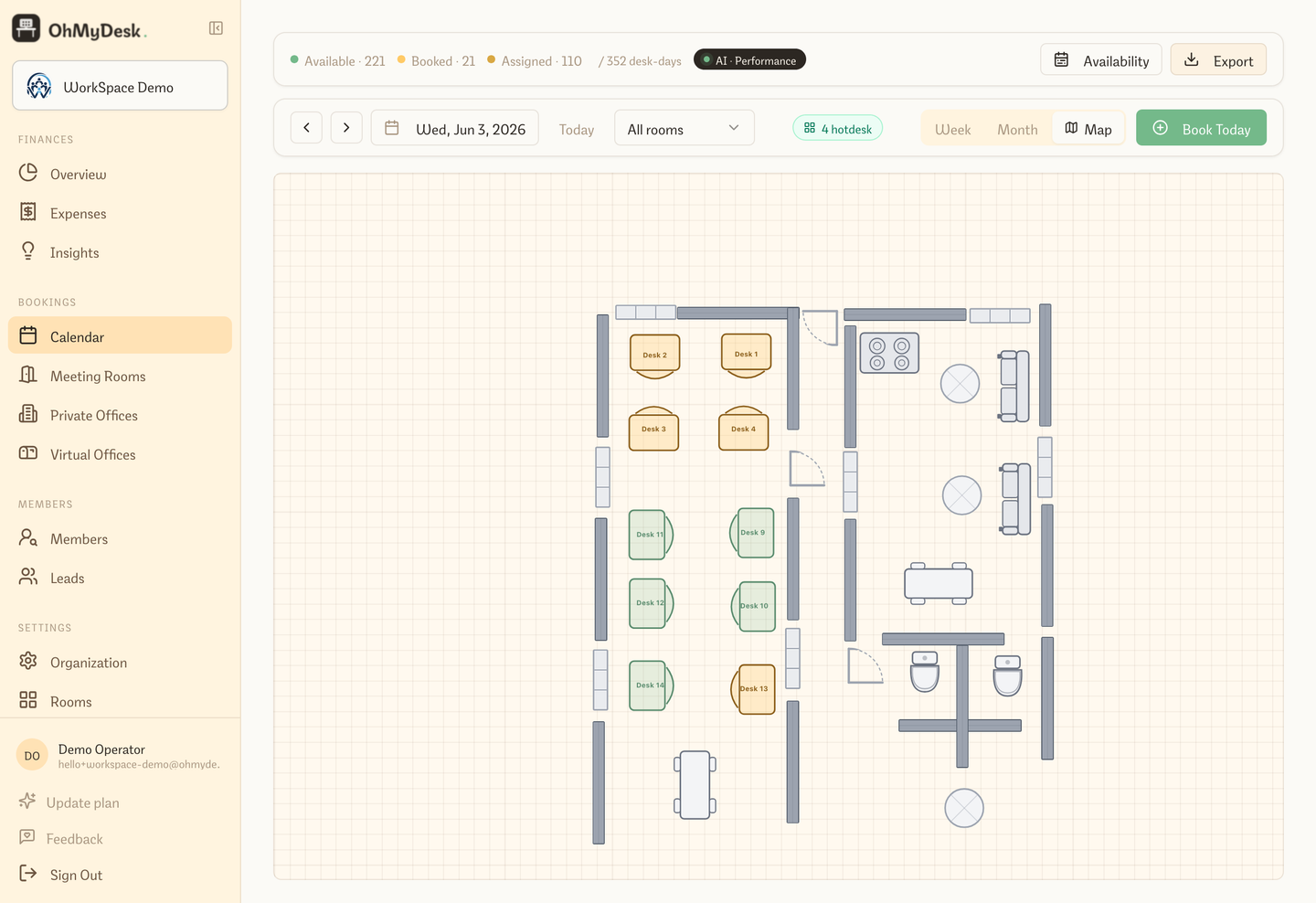 Map calendar view showing floor plan with desks colour-coded by booking status