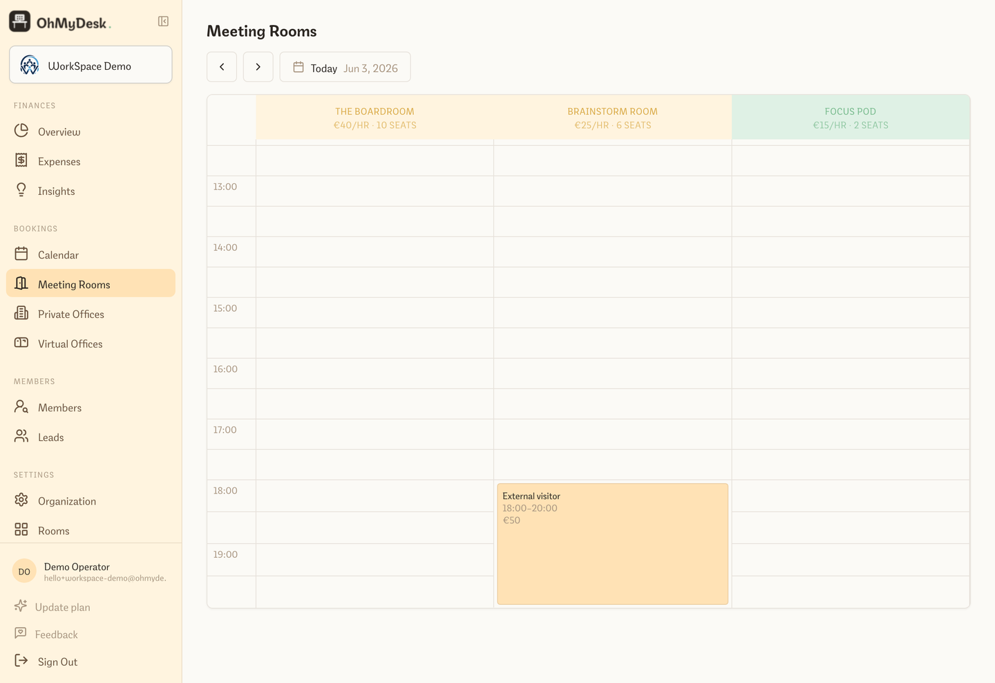 Hourly meeting room reservation grid with conflict detection