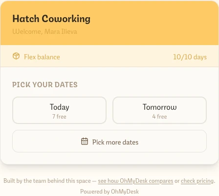 Member self-booking page showing flex balance and date picker