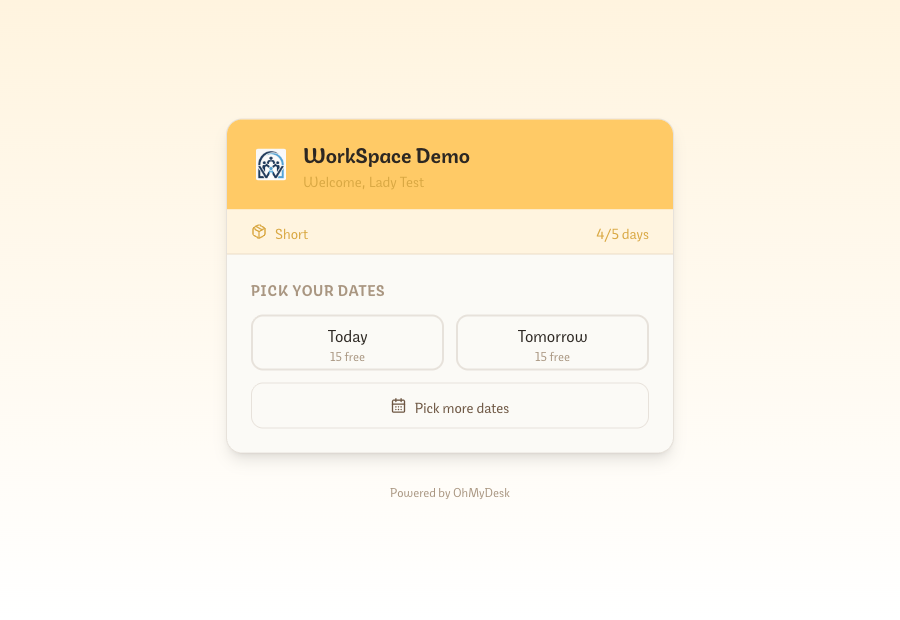 No-login flex booking link where a member picks a date to book a desk without an account