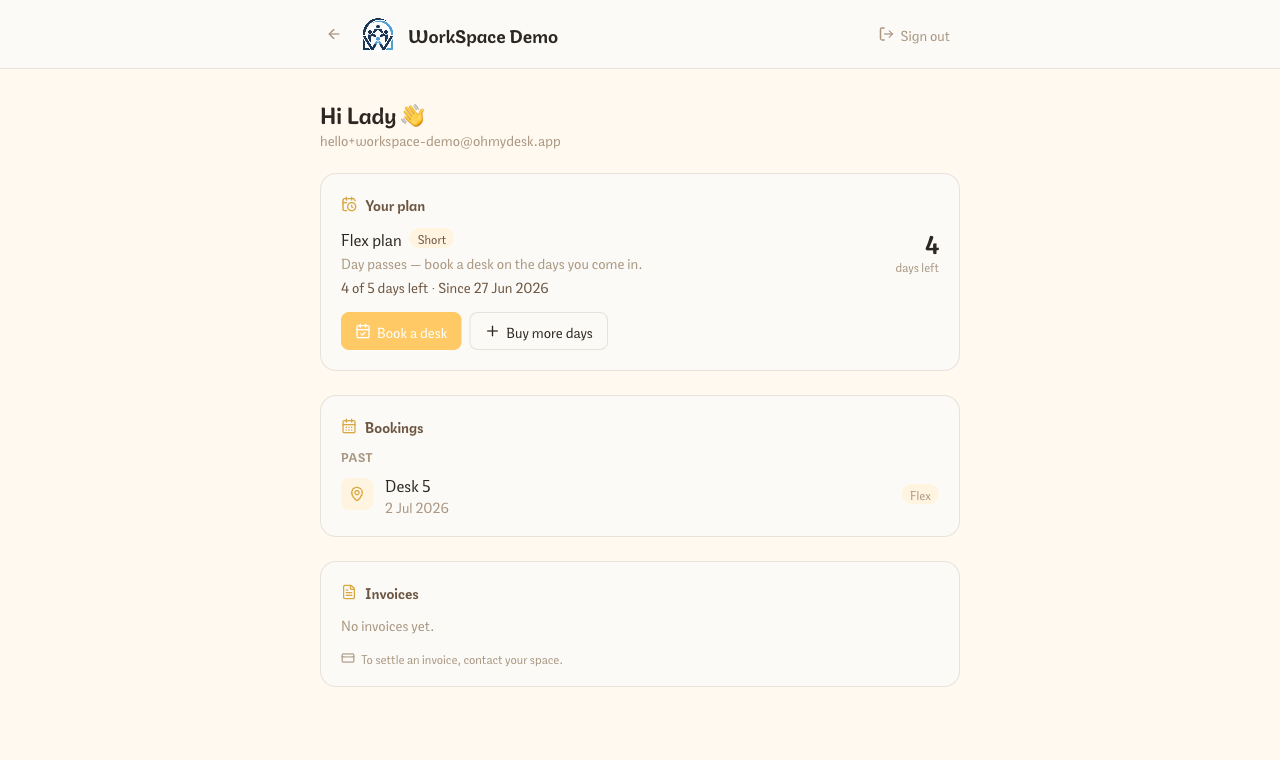 Member portal dashboard showing the member’s plan, day balance, bookings, and invoices after they log in