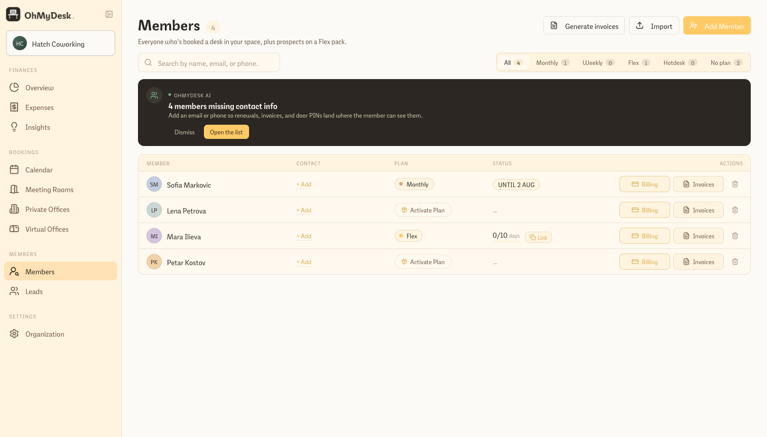 Members list with autocomplete and contact details