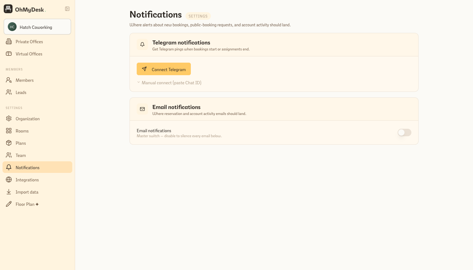 In-app notification settings showing per-event toggles
