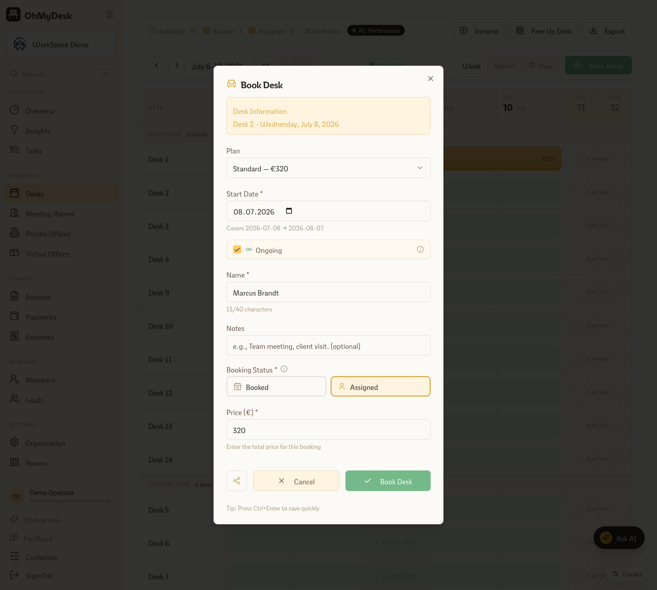 Booking modal with the Ongoing checkbox ticked, showing an open-ended monthly desk contract being created