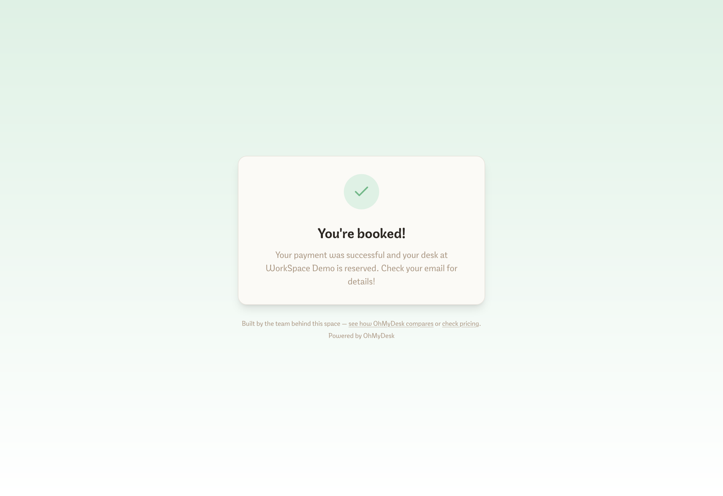 Public booking confirmation page that visitors see after submitting a request