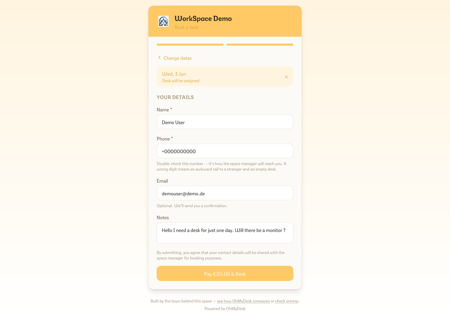 Public booking page where a visitor enters their details to request a desk — no account required
