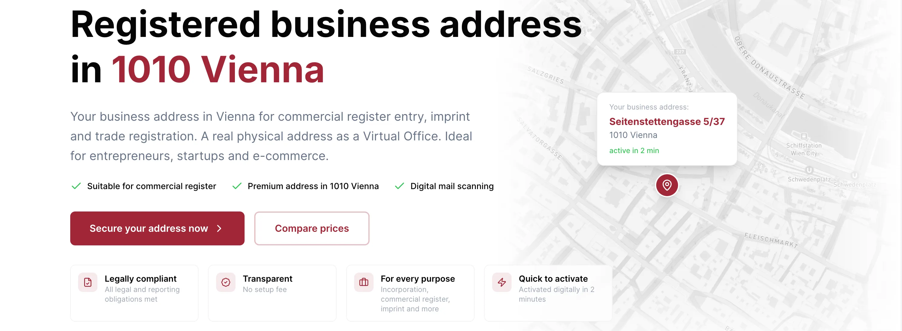 Postservice.at's registered business address at Seitenstettengasse 5/37, 1010 Vienna, shown on a map.