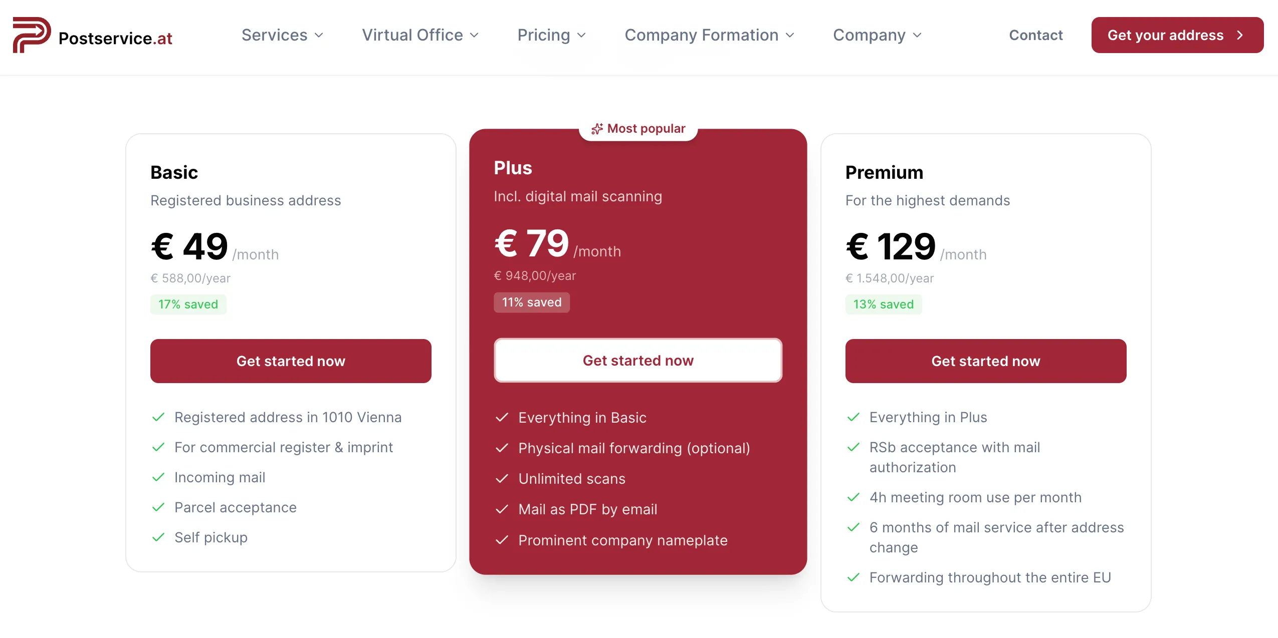 Postservice.at's virtual office pricing: Basic, Plus and Premium tiers with monthly and annual prices.