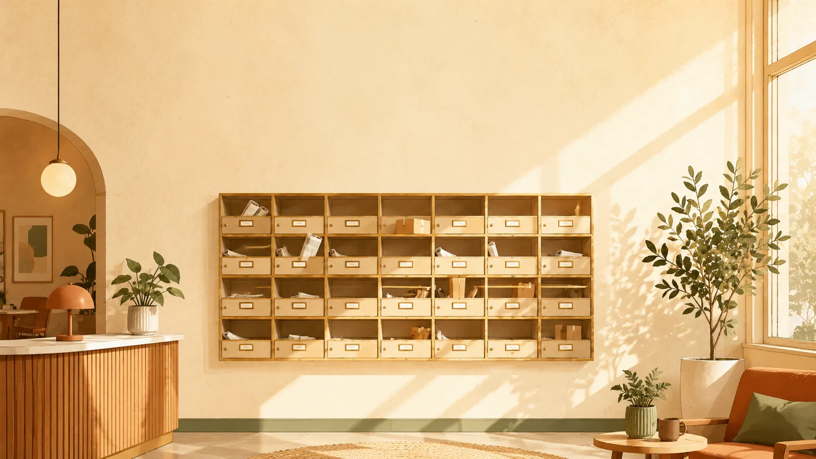 A sunlit coworking lobby with a wall of mailboxes — one business address serving many companies, the idea behind a virtual office.