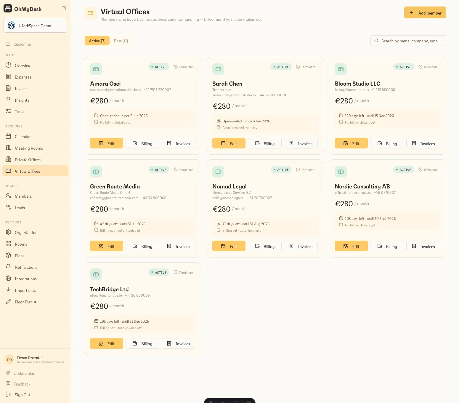 The OhMyDesk Virtual Offices page, showing address-only members as cards with their monthly price, an active badge, and edit, billing, invoice, and vacate actions.