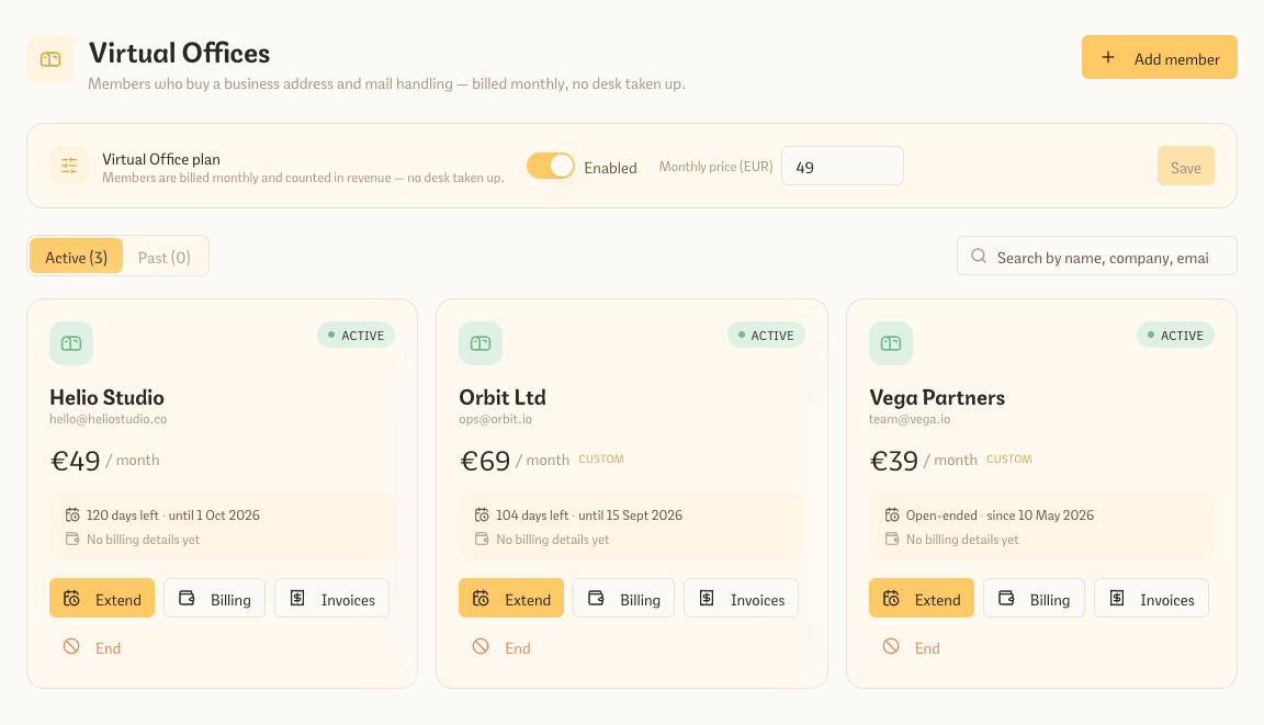 Virtual Offices page showing address-only members as cards with per-member pricing, billing and renewal actions
