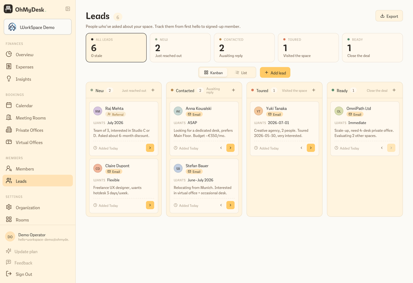 Leads pipeline shown as a four-stage kanban board